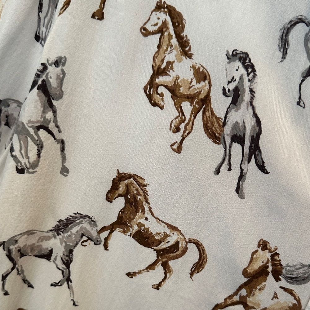 Jane and Delancey White Button-Down with Brown and Gray Horse Print Large - Picture 2 of 7